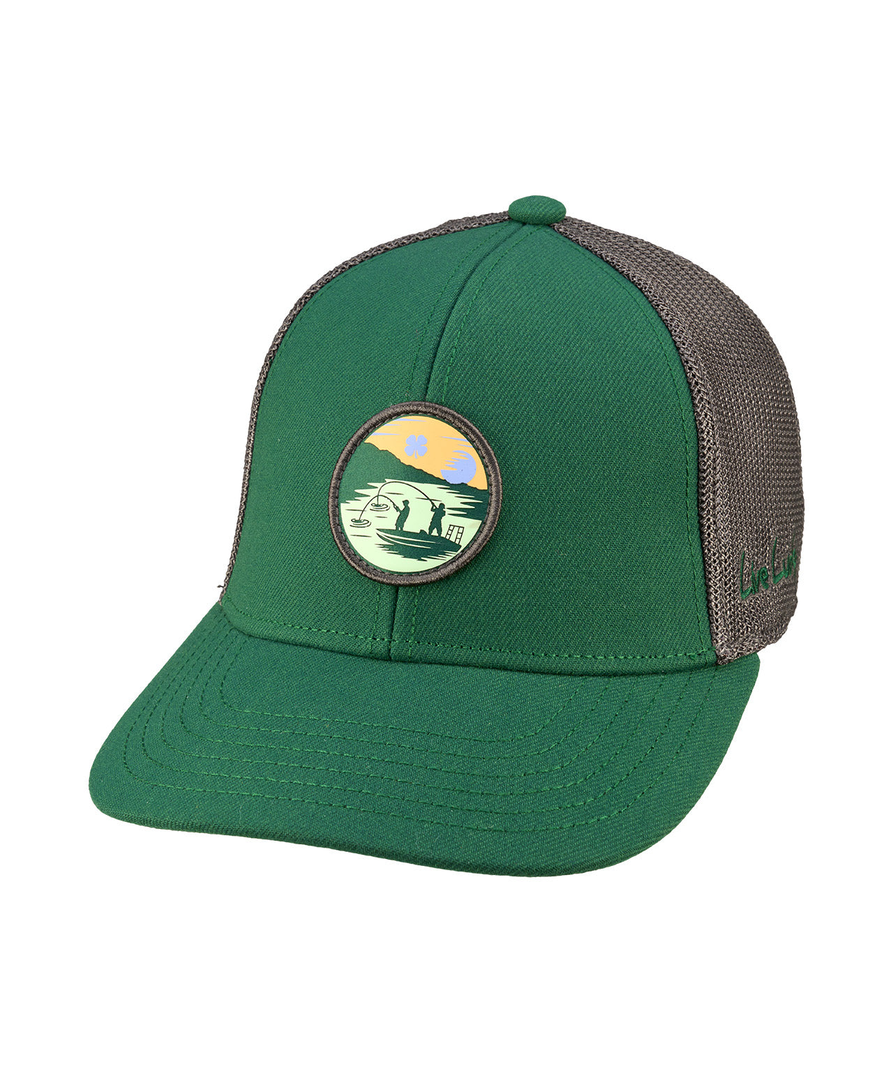 Green hat with patch depicting two people fishing