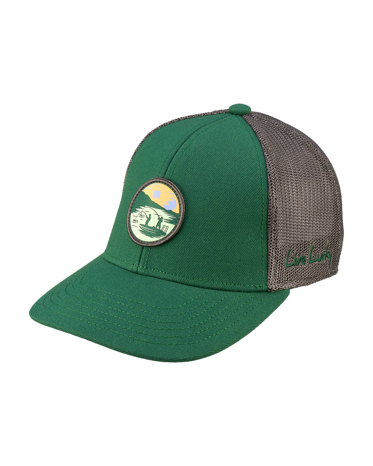 Green hat with patch depicting two people fishing