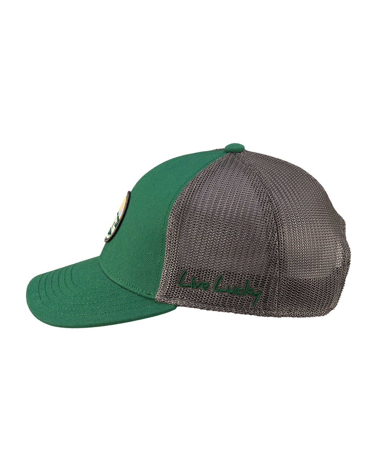 Green hat with patch depicting two people fishing