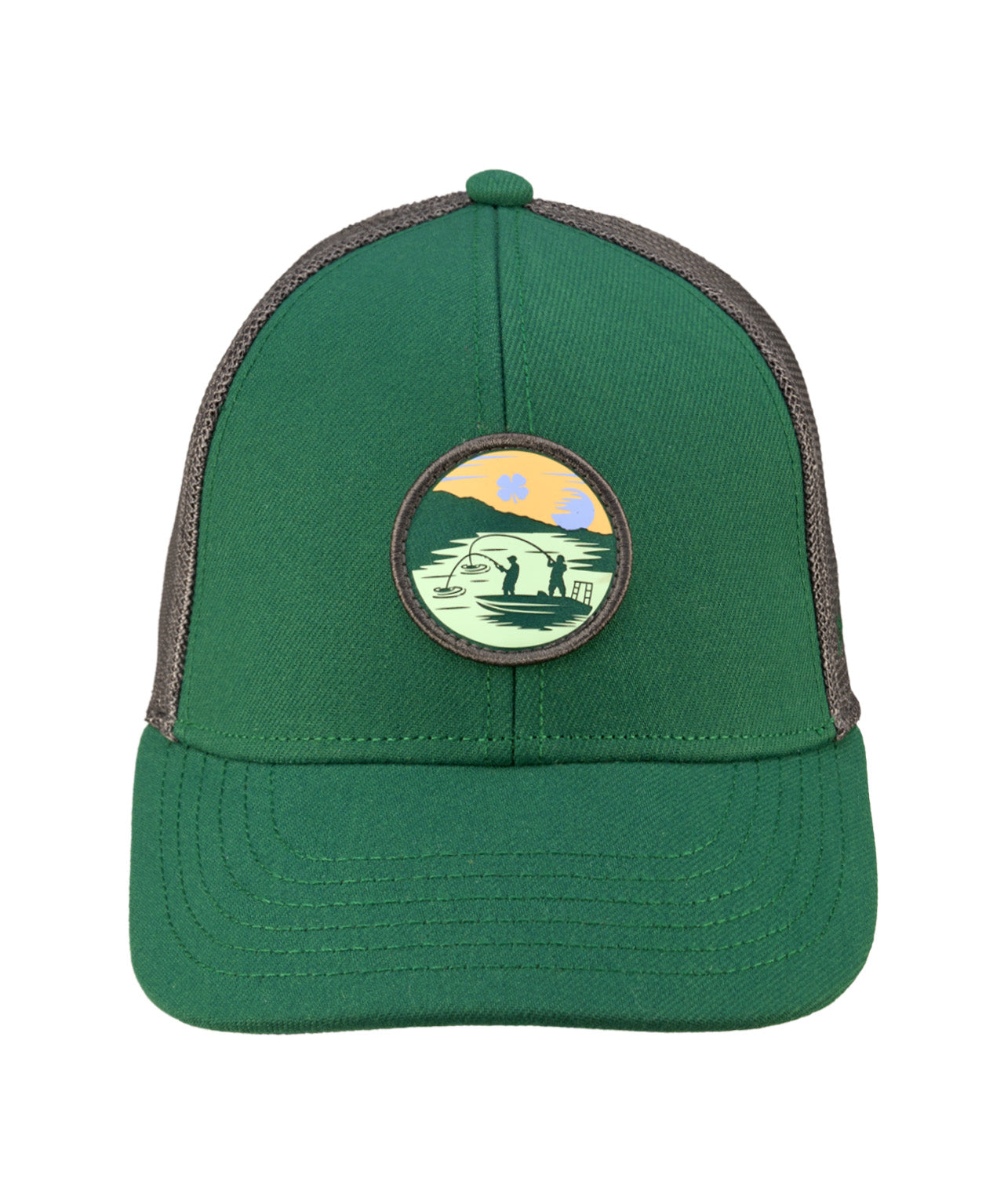 Green hat with patch depicting two people fishing