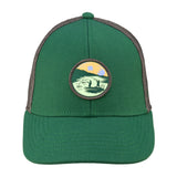 Green hat with patch depicting two people fishing