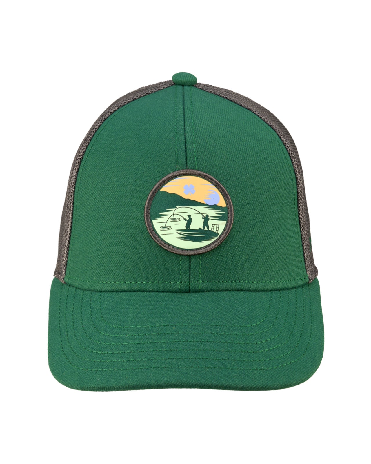 Green hat with patch depicting two people fishing