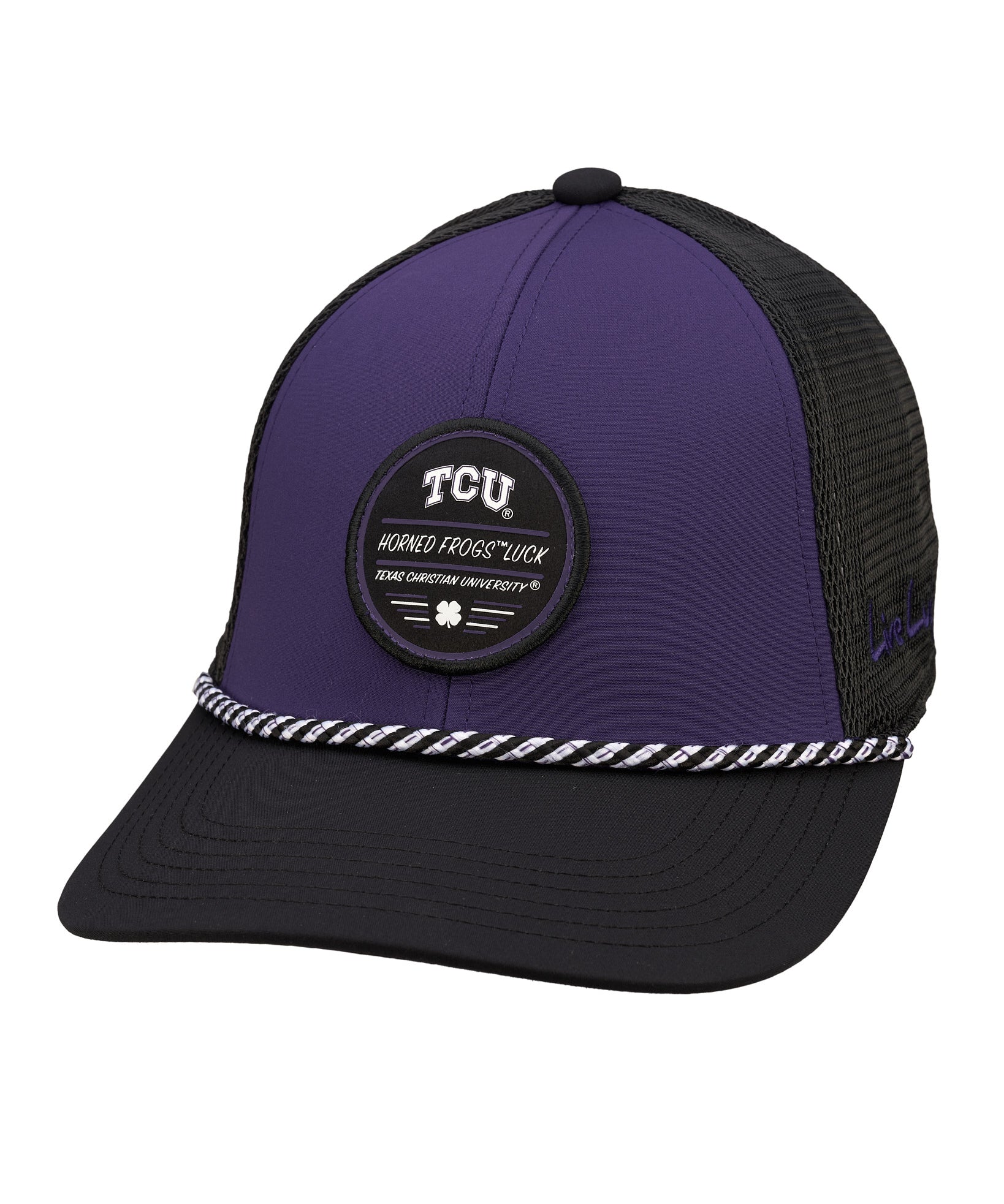 Purple and Black two tone rope hat from Black Clover featuring Texas Christian Horned Frogs logo