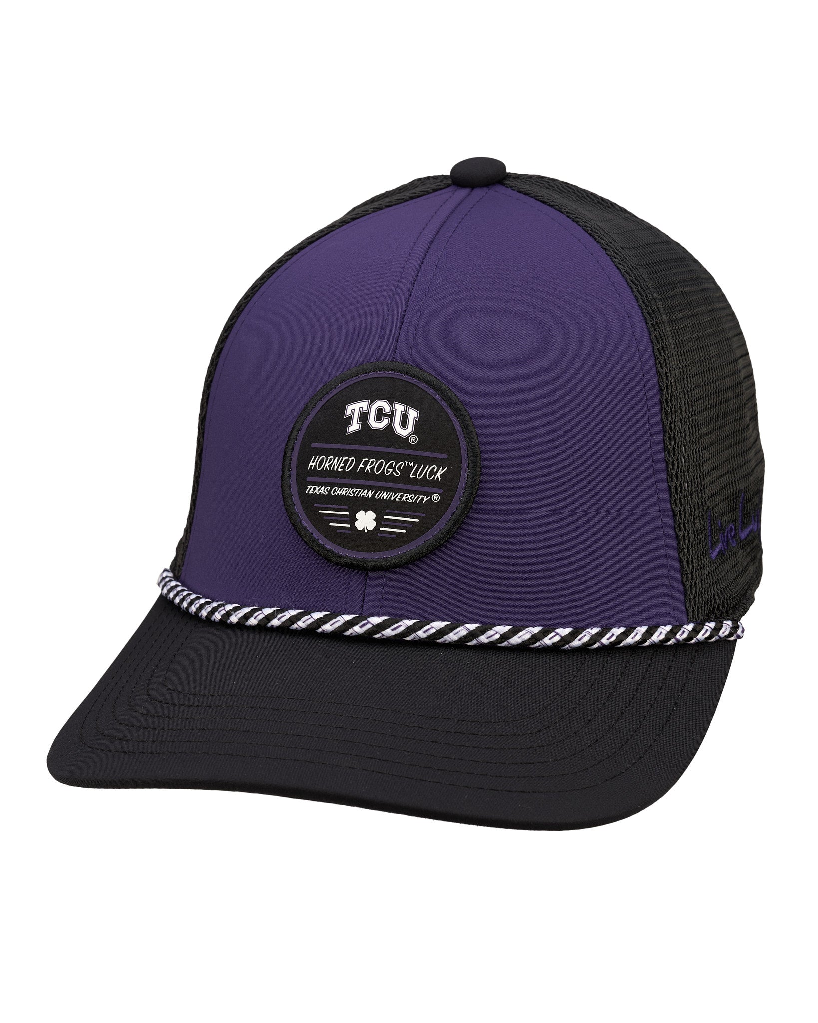 Purple and Black two tone rope hat from Black Clover featuring Texas Christian Horned Frogs logo