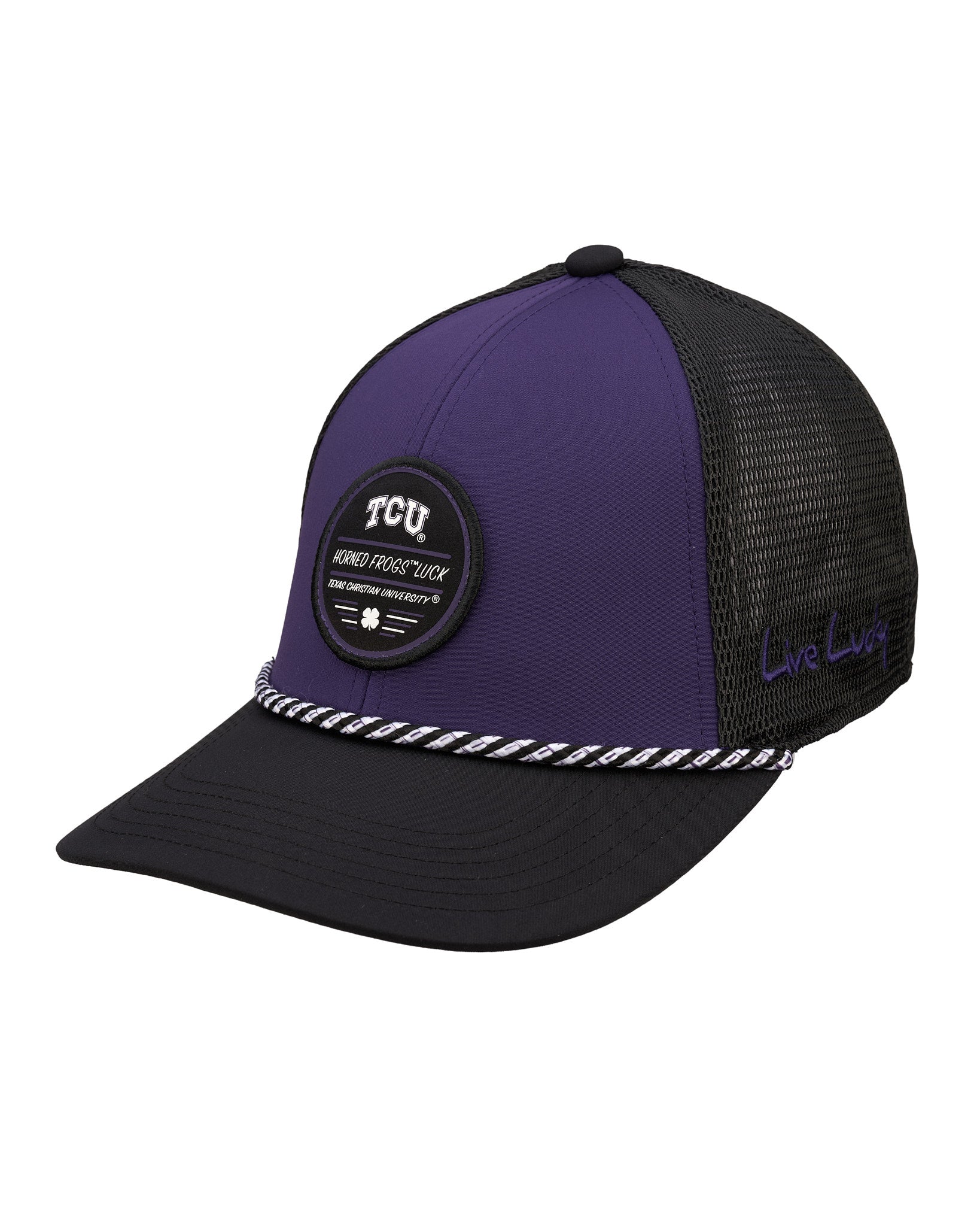 Purple and Black two tone rope hat from Black Clover featuring Texas Christian Horned Frogs logo