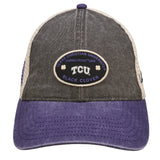 Red, grey, and white two tone vintage style hat from Black Clover featuring Texas Christian Horned Frogs logo