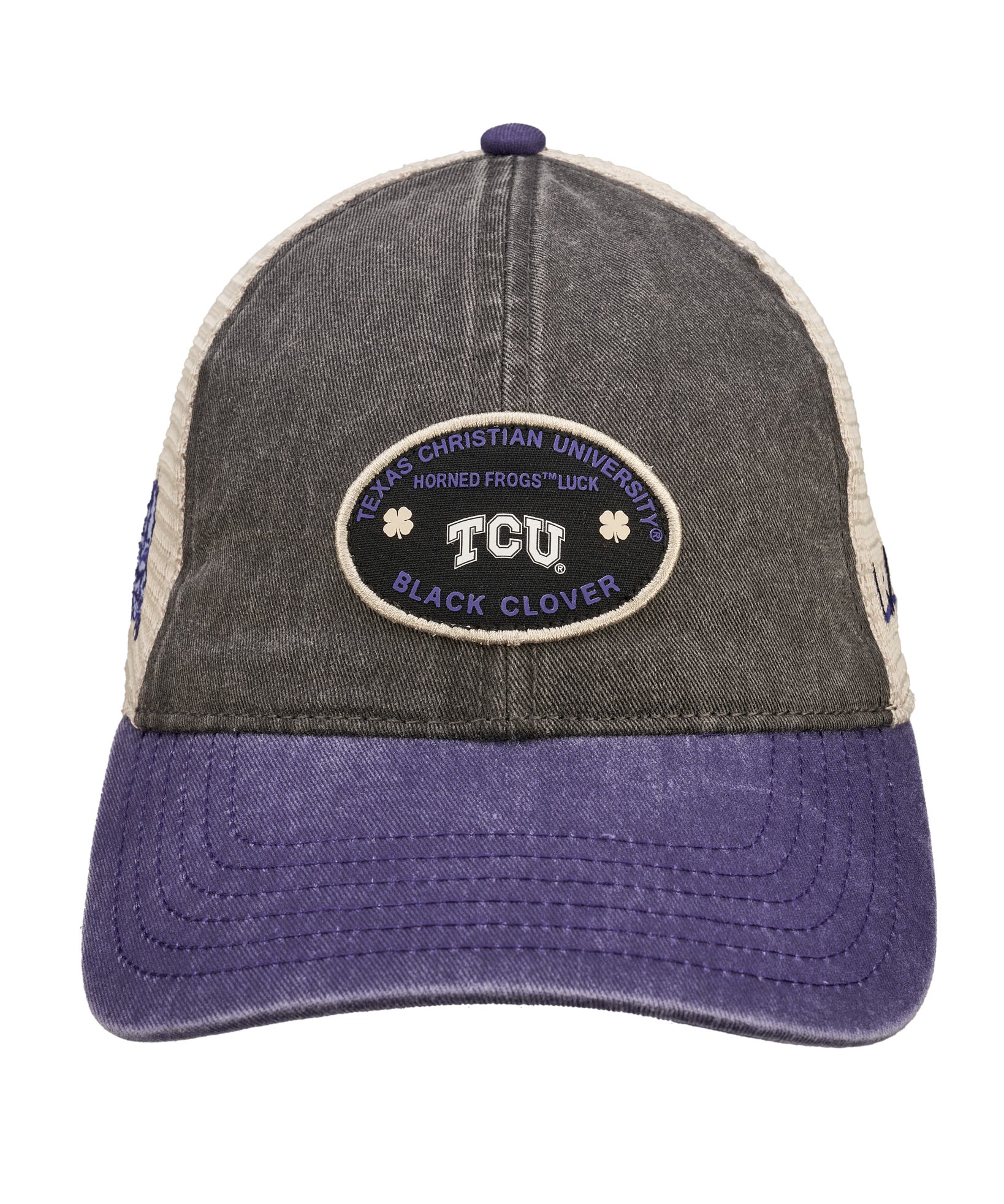 Red, grey, and white two tone vintage style hat from Black Clover featuring Texas Christian Horned Frogs logo