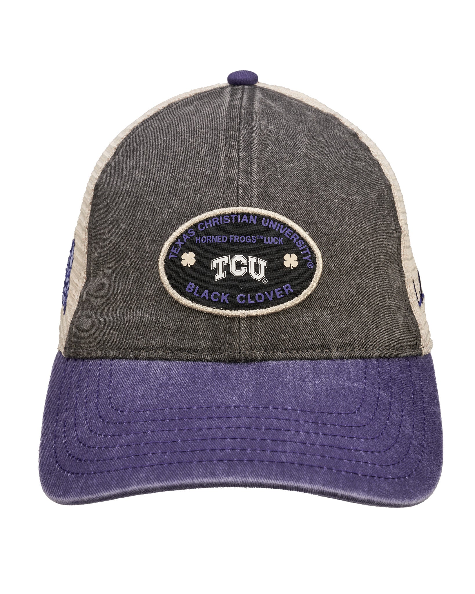 Red, grey, and white two tone vintage style hat from Black Clover featuring Texas Christian Horned Frogs logo