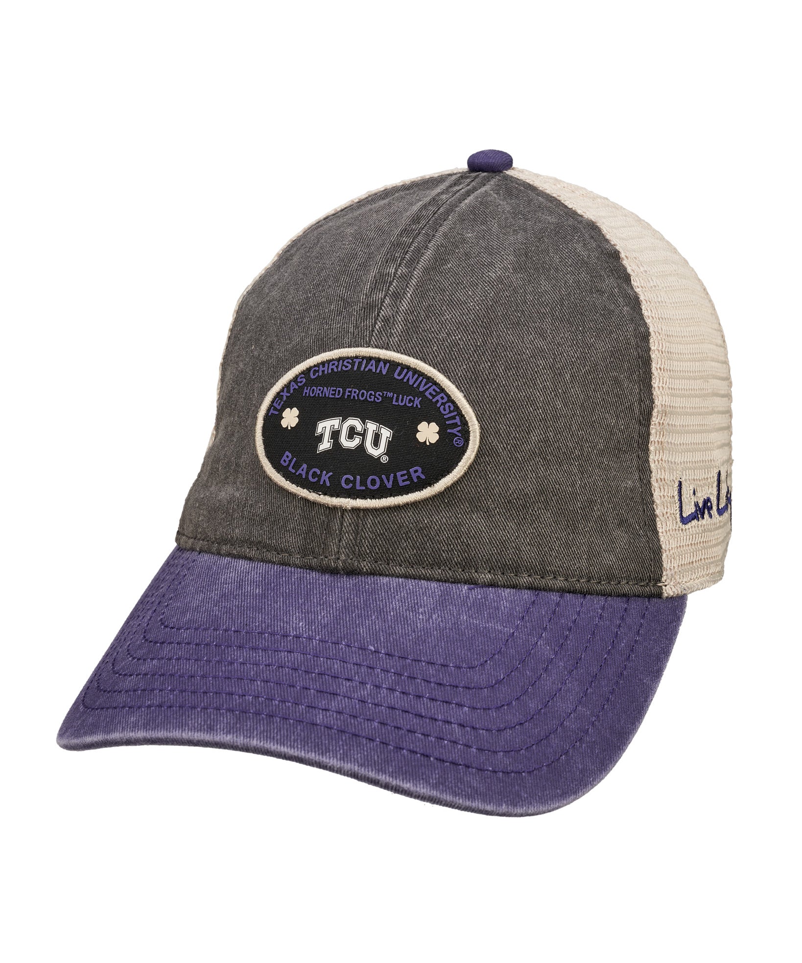 Red, grey, and white two tone vintage style hat from Black Clover featuring Texas Christian Horned Frogs logo