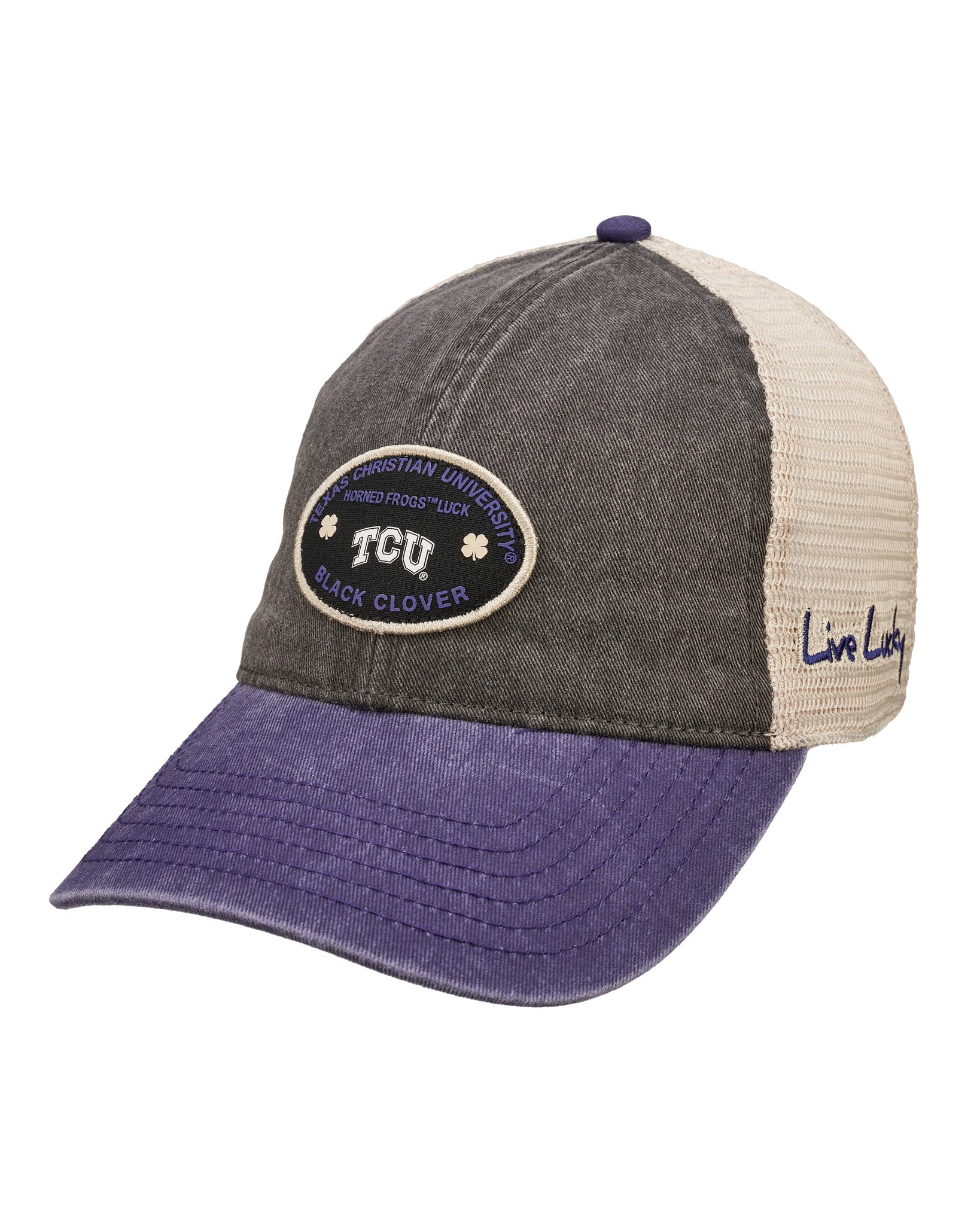 Red, grey, and white two tone vintage style hat from Black Clover featuring Texas Christian Horned Frogs logo