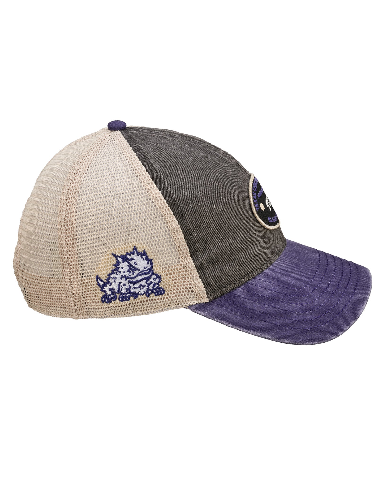 Red, grey, and white two tone vintage style hat from Black Clover featuring Texas Christian Horned Frogs logo