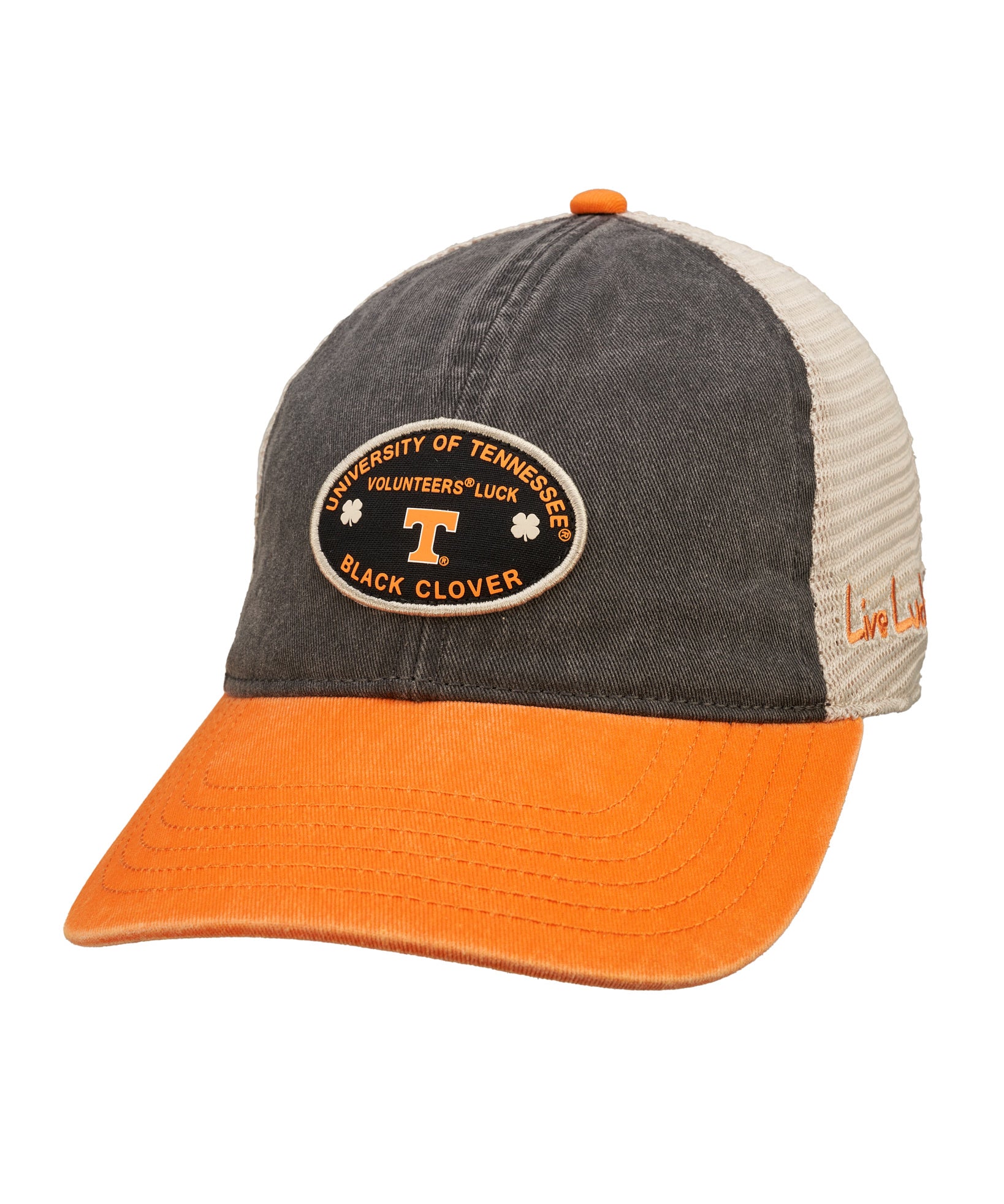 Black and orange two tone vintage style hat from Black Clover featuring University of Tennessee Volunteers logo