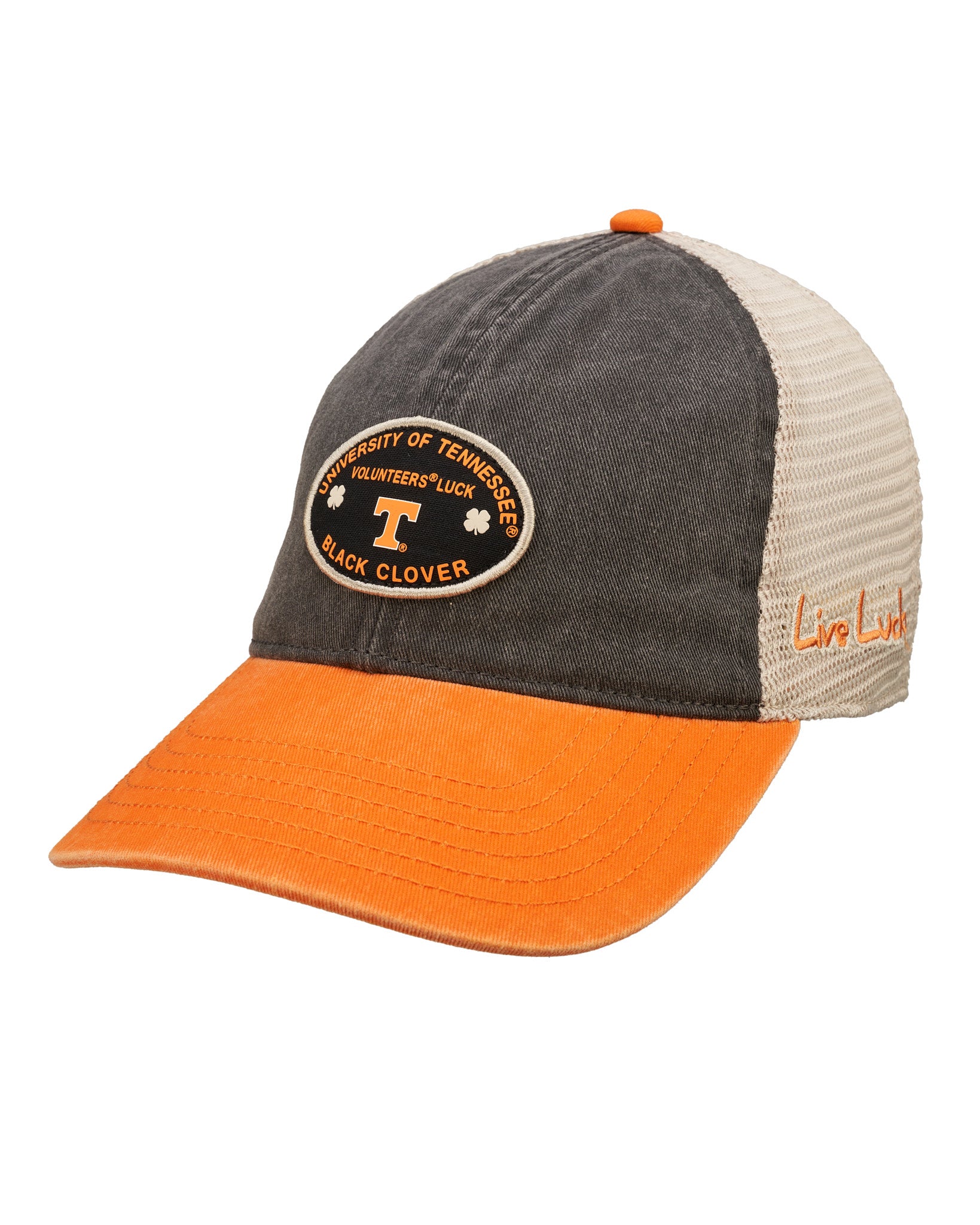 Black and orange two tone vintage style hat from Black Clover featuring University of Tennessee Volunteers logo