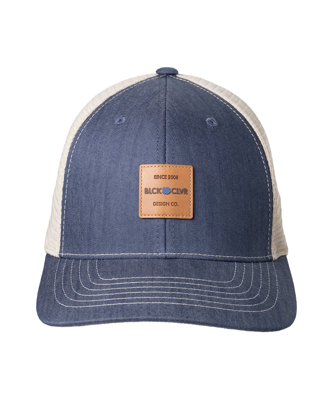 Blue denim hat from Black Clover featuring leather patch containing the words Since 2008 BLCK CLVR Design Co