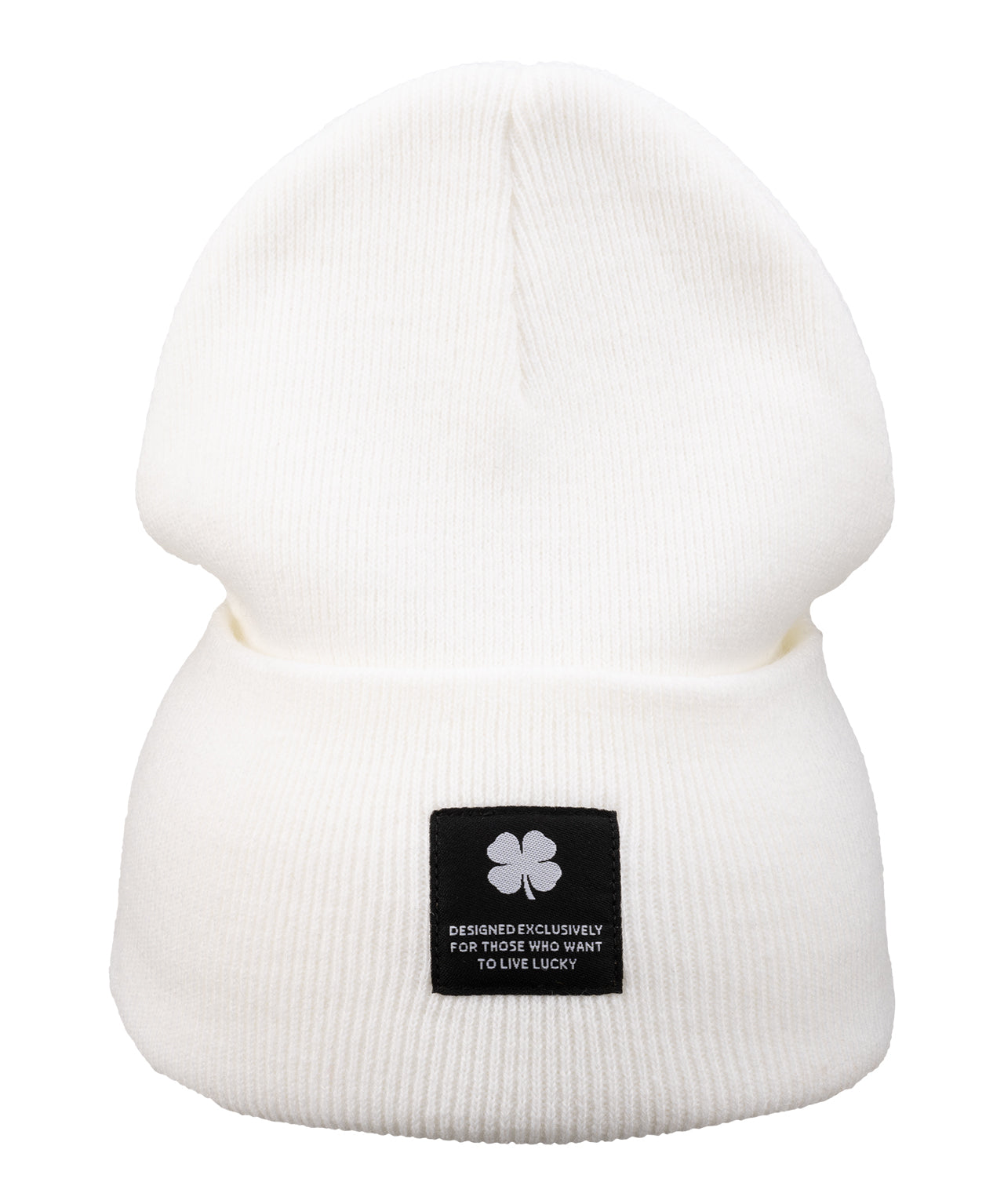 White "Lucky Cuff" beanie from Black Clover featuring woven patch on the front cuff