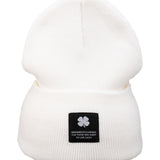 White "Lucky Cuff" beanie from Black Clover featuring woven patch on the front cuff