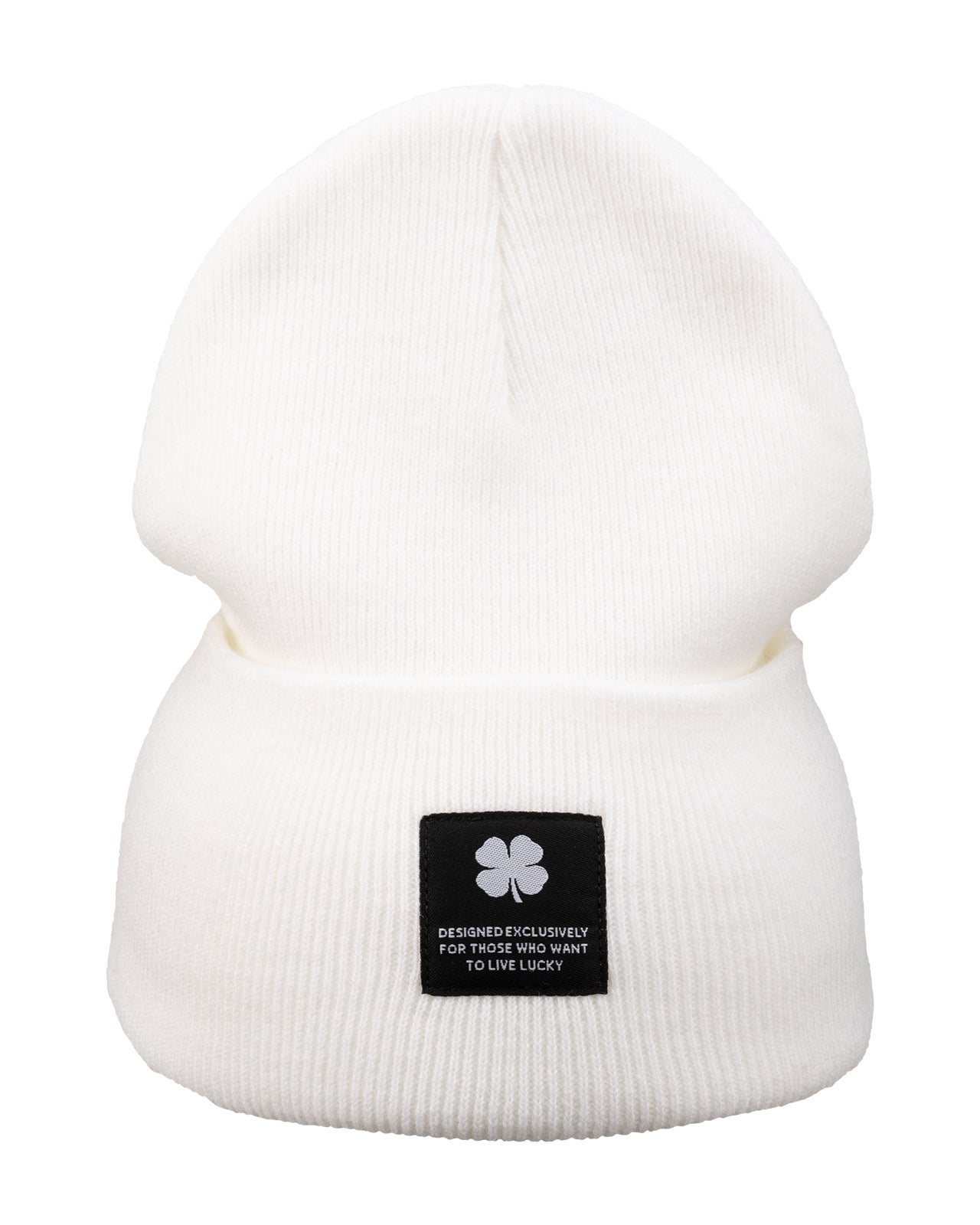 White "Lucky Cuff" beanie from Black Clover featuring woven patch on the front cuff