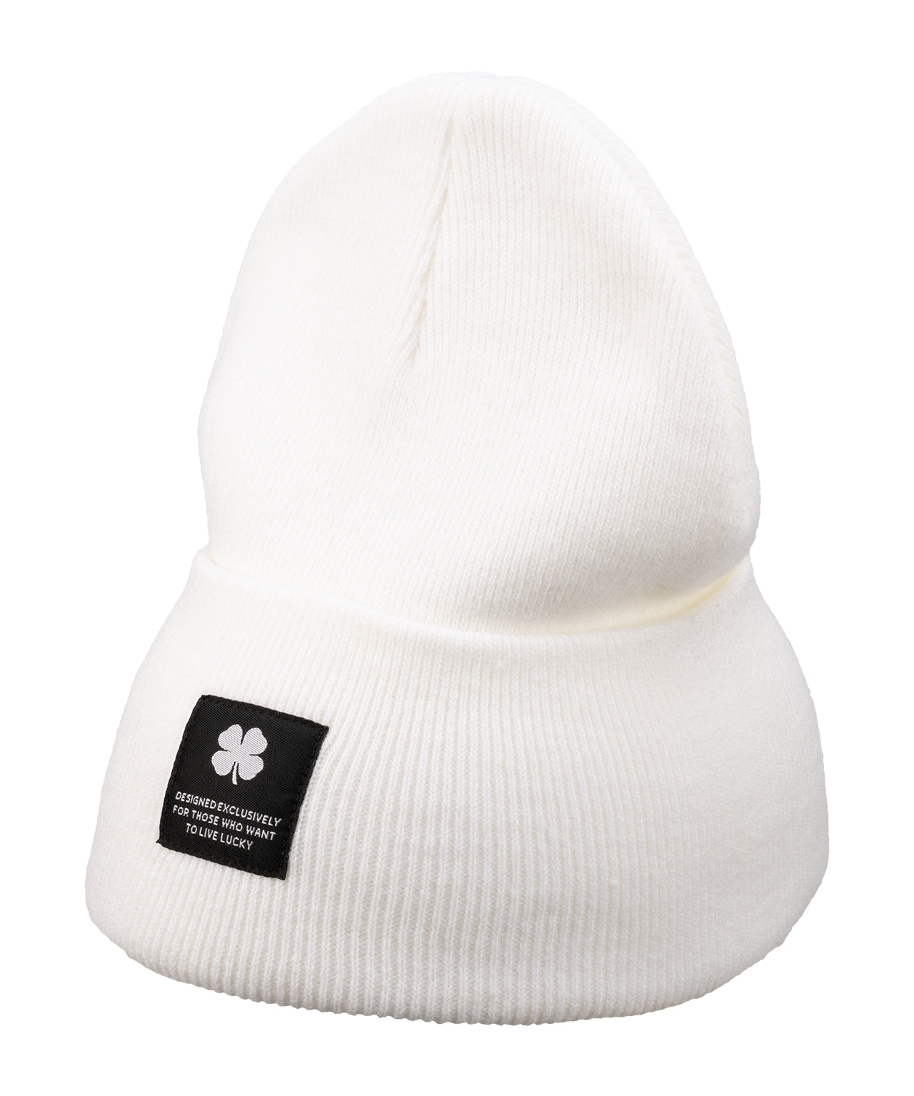 White "Lucky Cuff" beanie from Black Clover featuring woven patch on the front cuff