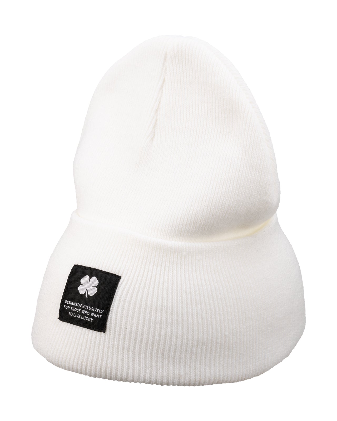 White "Lucky Cuff" beanie from Black Clover featuring woven patch on the front cuff