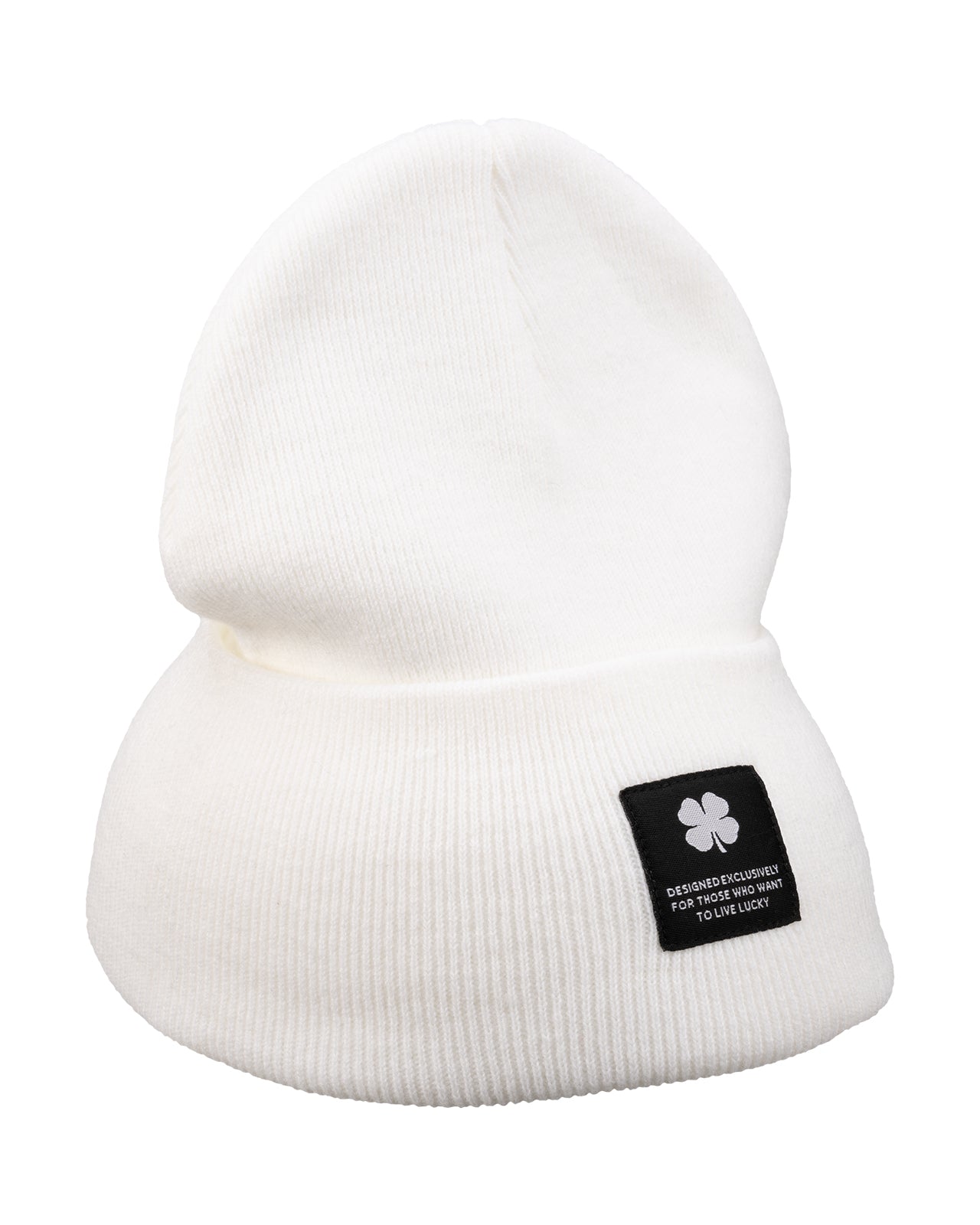 White "Lucky Cuff" beanie from Black Clover featuring woven patch on the front cuff