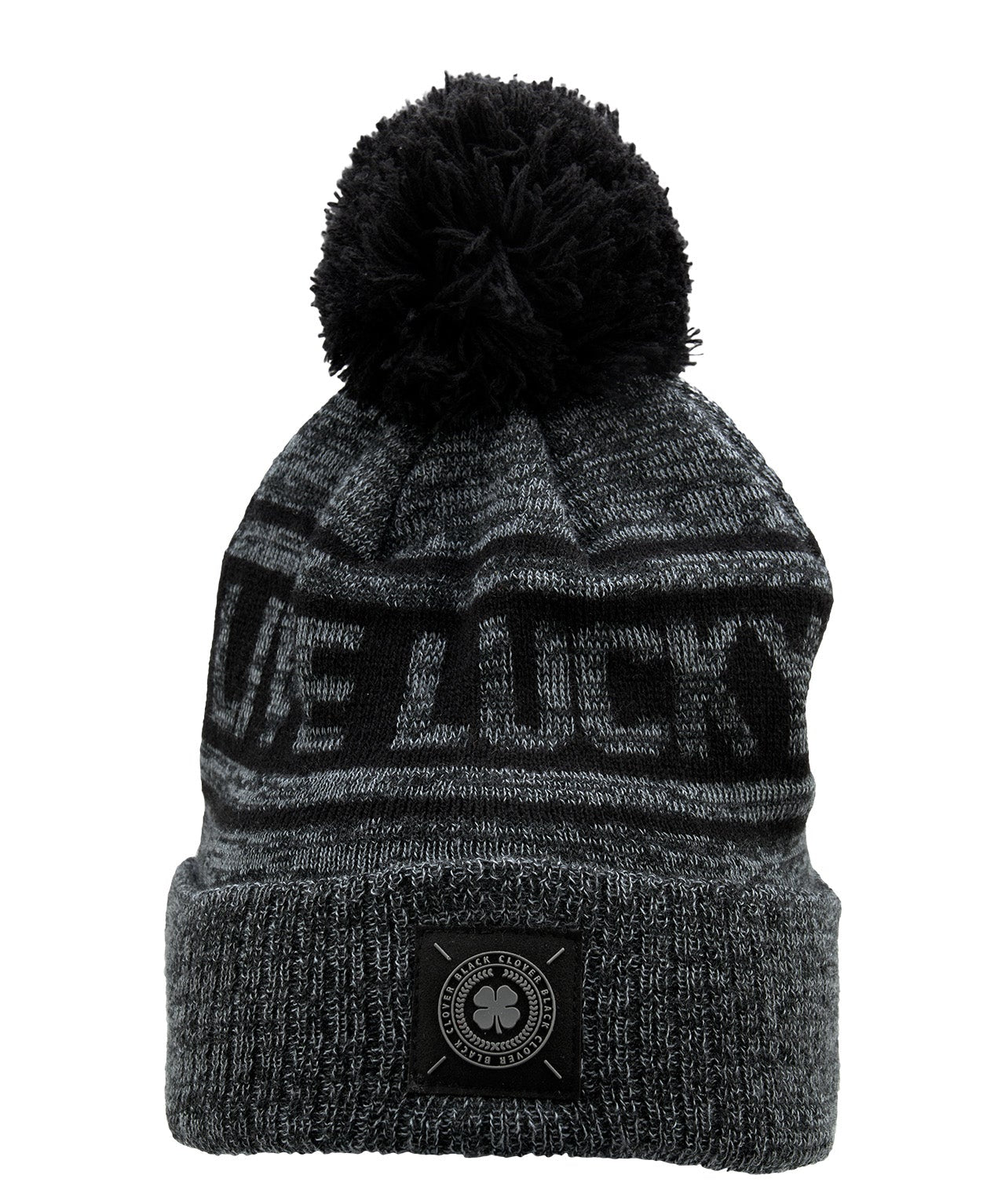 "Lucky Baller" beanie from Black Clover featuring, a black striped design, a cuff, and fluffy black pom-pom on top