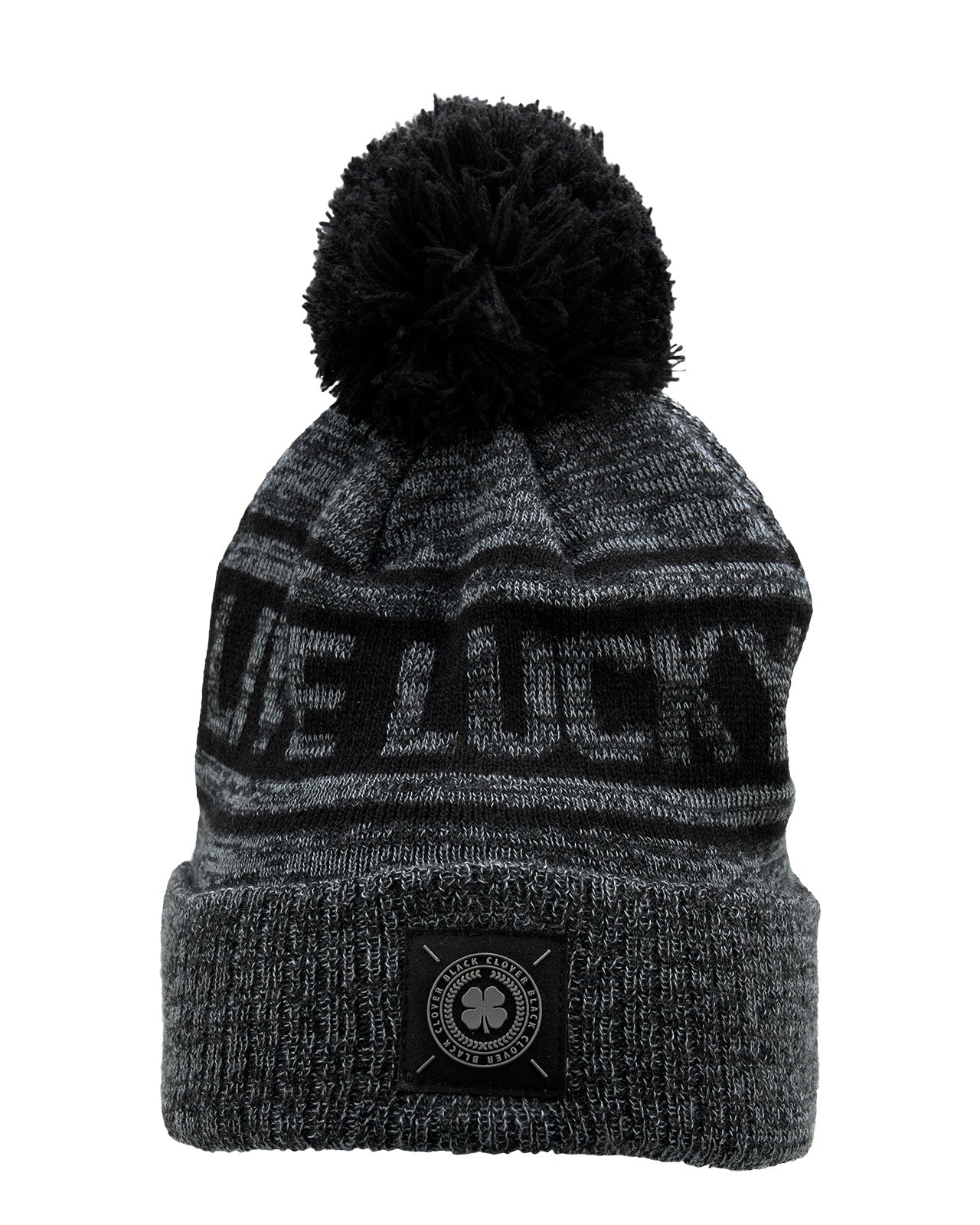 "Lucky Baller" beanie from Black Clover featuring, a black striped design, a cuff, and fluffy black pom-pom on top