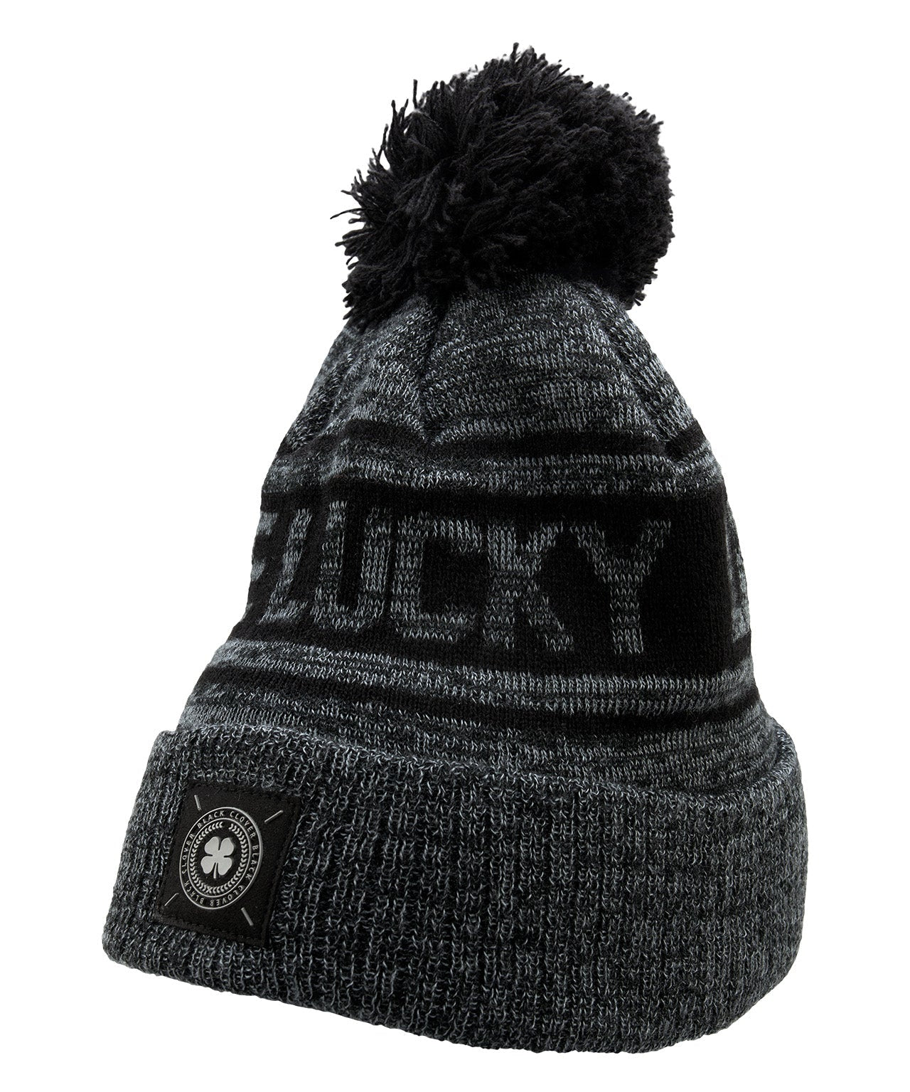 "Lucky Baller" beanie from Black Clover featuring, a black striped design, a cuff, and fluffy black pom-pom on top