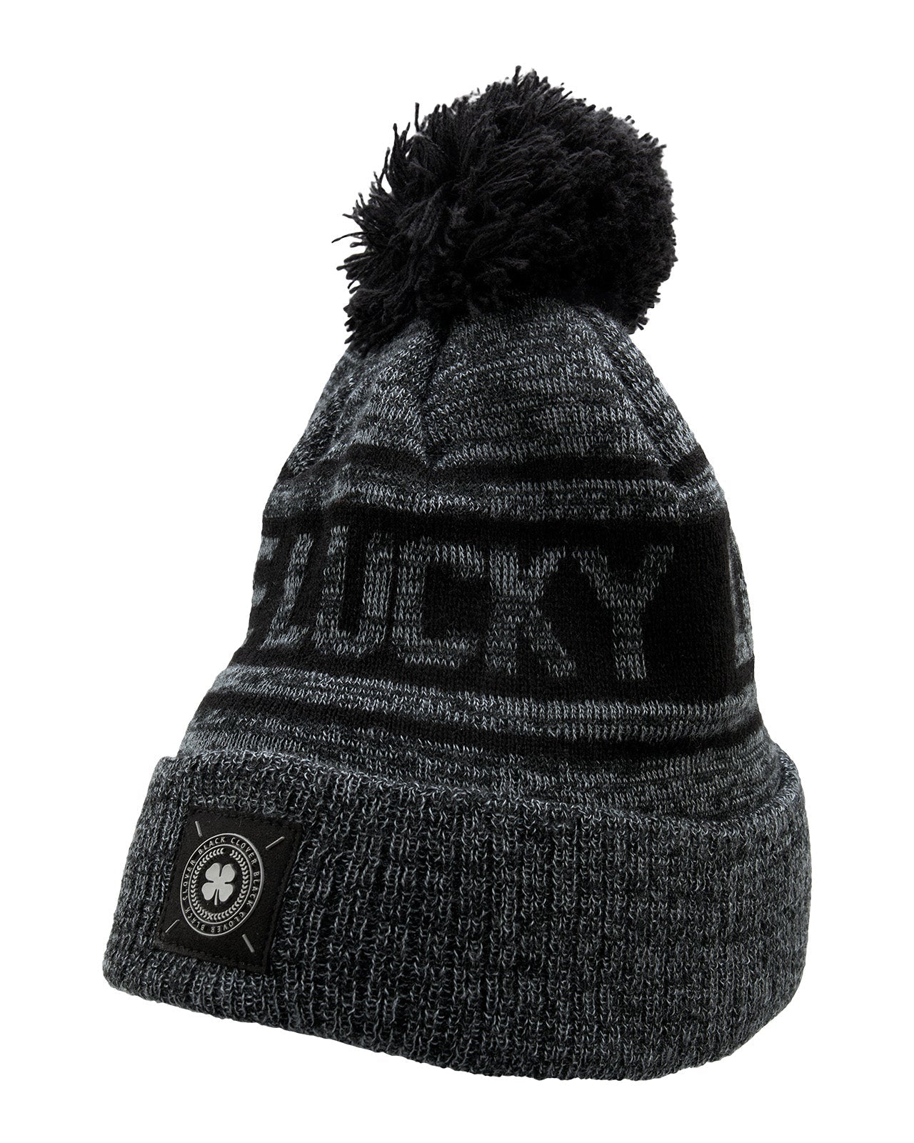 "Lucky Baller" beanie from Black Clover featuring, a black striped design, a cuff, and fluffy black pom-pom on top