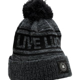 "Lucky Baller" beanie from Black Clover featuring, a black striped design, a cuff, and fluffy black pom-pom on top