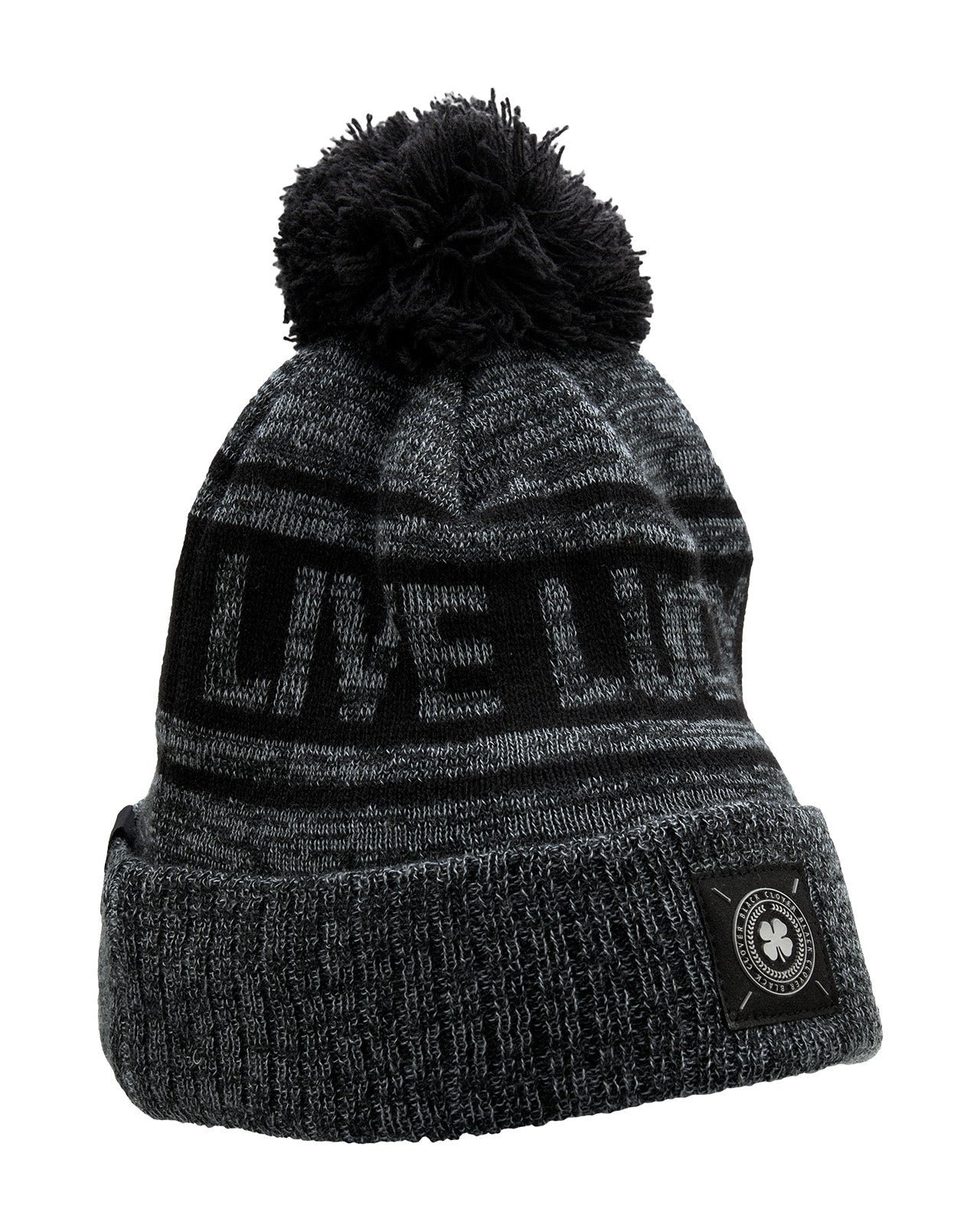 "Lucky Baller" beanie from Black Clover featuring, a black striped design, a cuff, and fluffy black pom-pom on top