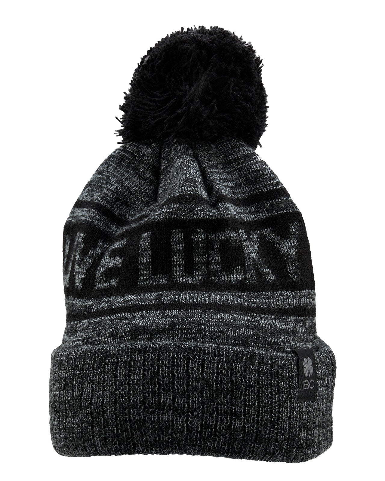 "Lucky Baller" beanie from Black Clover featuring, a black striped design, a cuff, and fluffy black pom-pom on top