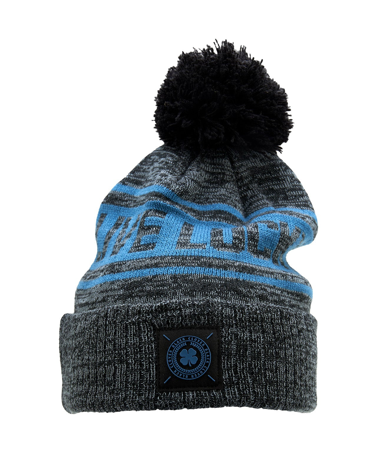 "Lucky Baller" beanie from Black Clover featuring, a cabo blue striped design, a cuff, and fluffy black pom-pom on top