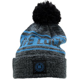 "Lucky Baller" beanie from Black Clover featuring, a cabo blue striped design, a cuff, and fluffy black pom-pom on top