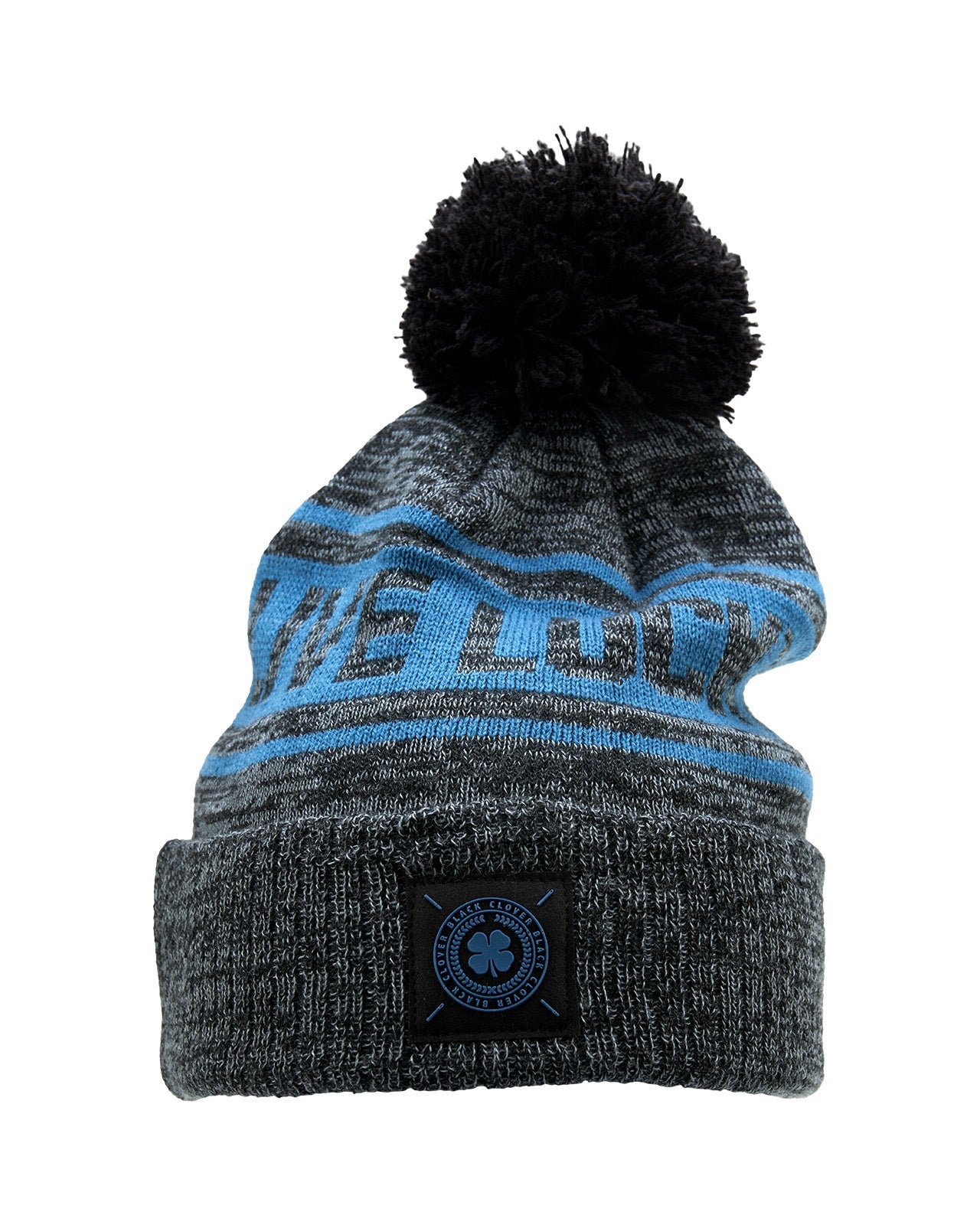 "Lucky Baller" beanie from Black Clover featuring, a cabo blue striped design, a cuff, and fluffy black pom-pom on top