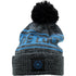 "Lucky Baller" beanie from Black Clover featuring, a cabo blue striped design, a cuff, and fluffy black pom-pom on top