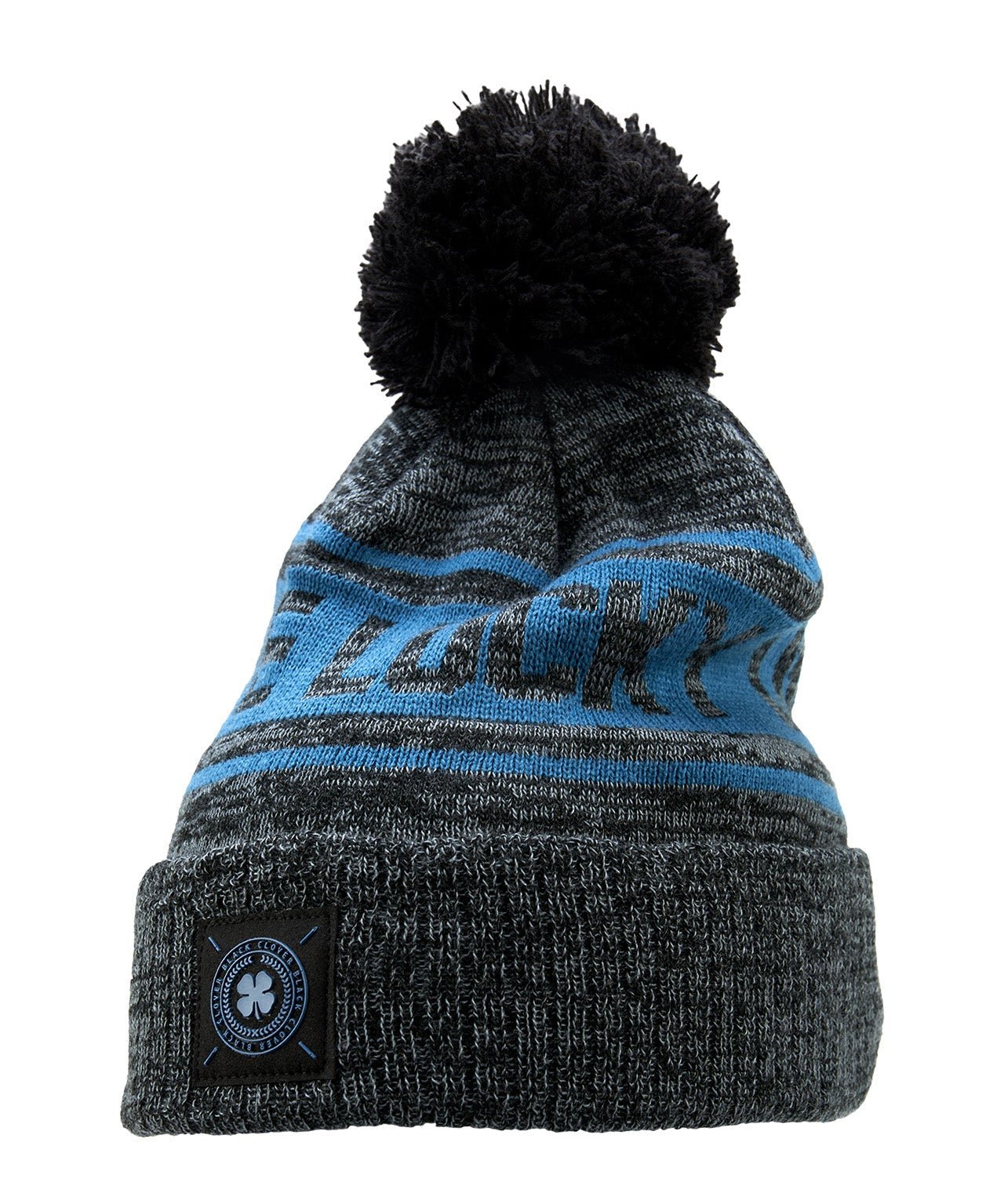 "Lucky Baller" beanie from Black Clover featuring, a cabo blue striped design, a cuff, and fluffy black pom-pom on top