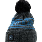 "Lucky Baller" beanie from Black Clover featuring, a cabo blue striped design, a cuff, and fluffy black pom-pom on top