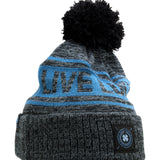 "Lucky Baller" beanie from Black Clover featuring, a cabo blue striped design, a cuff, and fluffy black pom-pom on top