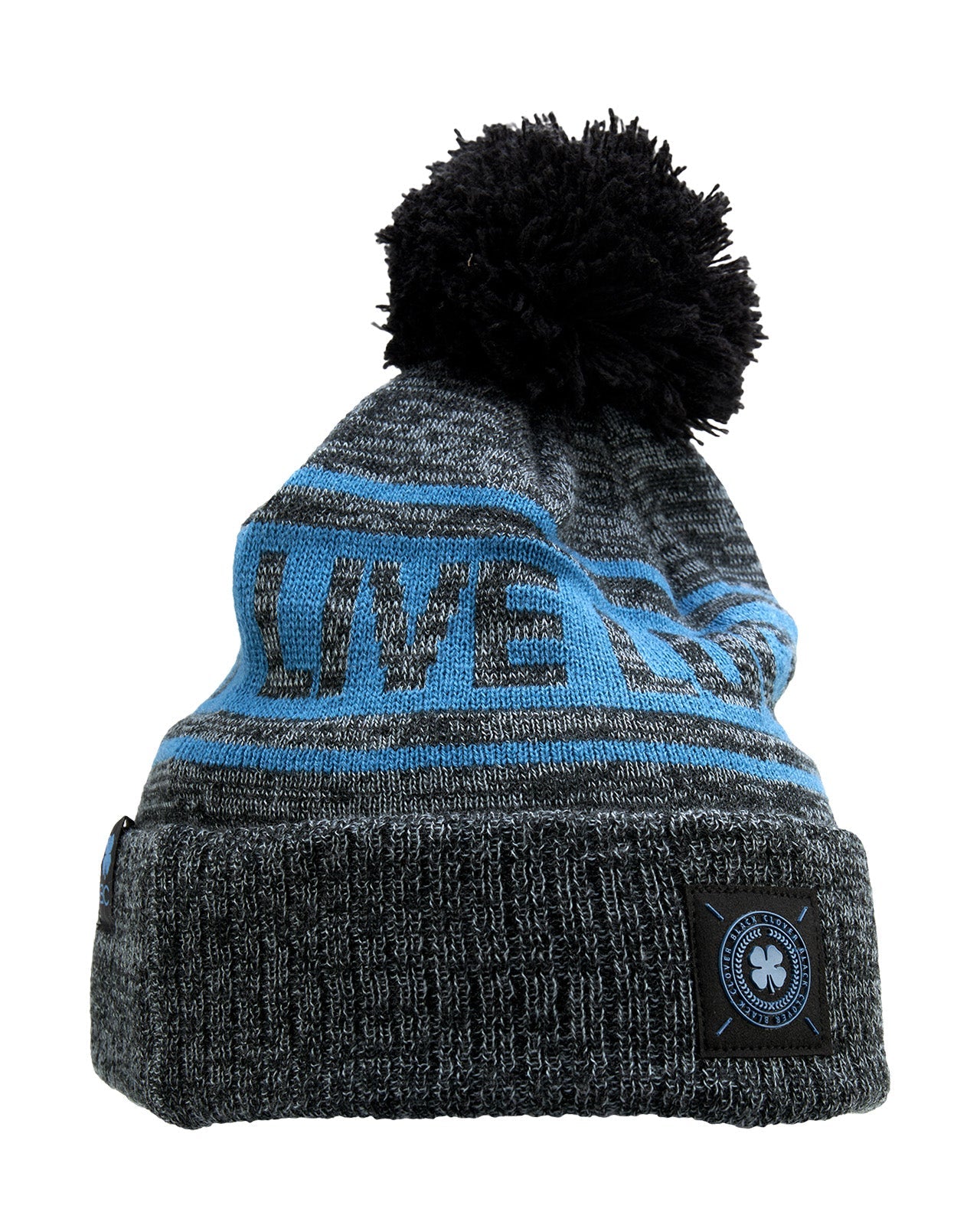 "Lucky Baller" beanie from Black Clover featuring, a cabo blue striped design, a cuff, and fluffy black pom-pom on top