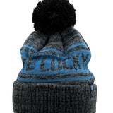 "Lucky Baller" beanie from Black Clover featuring, a cabo blue striped design, a cuff, and fluffy black pom-pom on top