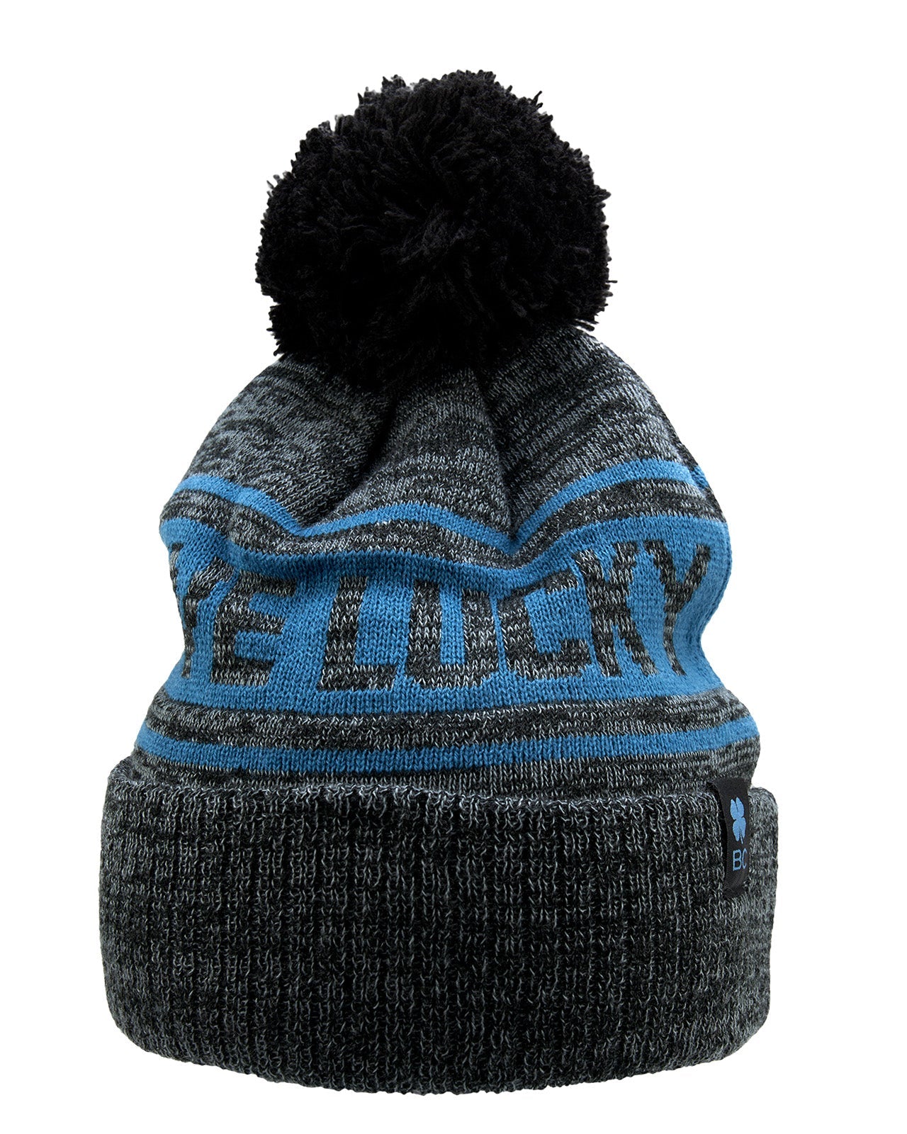 "Lucky Baller" beanie from Black Clover featuring, a cabo blue striped design, a cuff, and fluffy black pom-pom on top