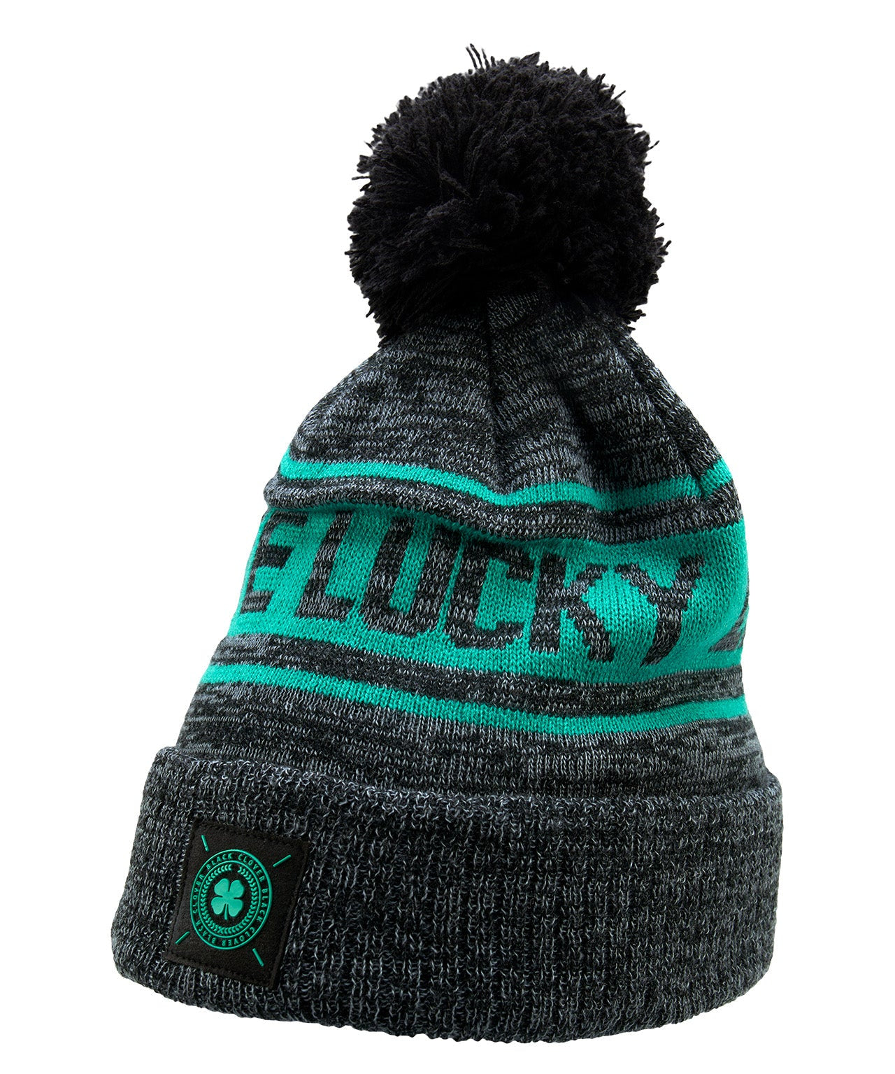 "Lucky Baller" beanie from Black Clover featuring, a ultramarine striped design, a cuff, and fluffy black pom-pom on top