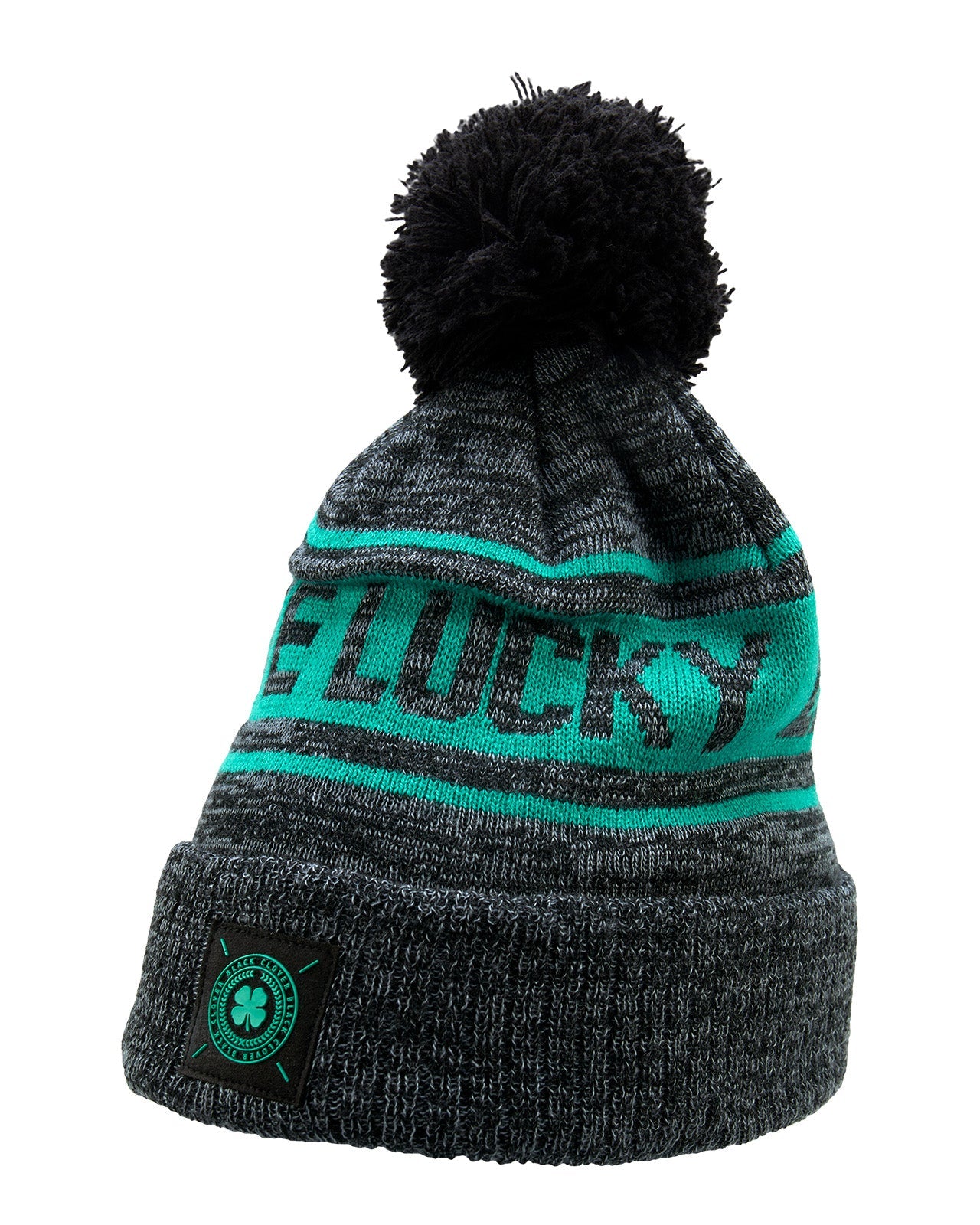 "Lucky Baller" beanie from Black Clover featuring, a ultramarine striped design, a cuff, and fluffy black pom-pom on top