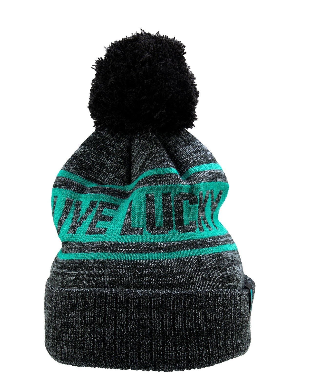 "Lucky Baller" beanie from Black Clover featuring, a ultramarine striped design, a cuff, and fluffy black pom-pom on top