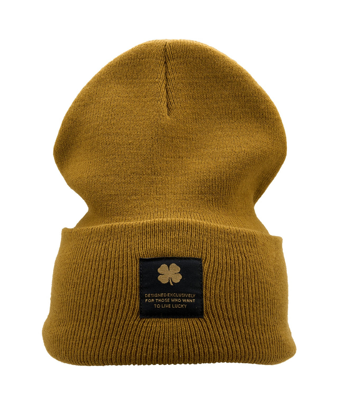 Gold "Lucky Cuff" beanie from Black Clover featuring woven patch on the front cuff