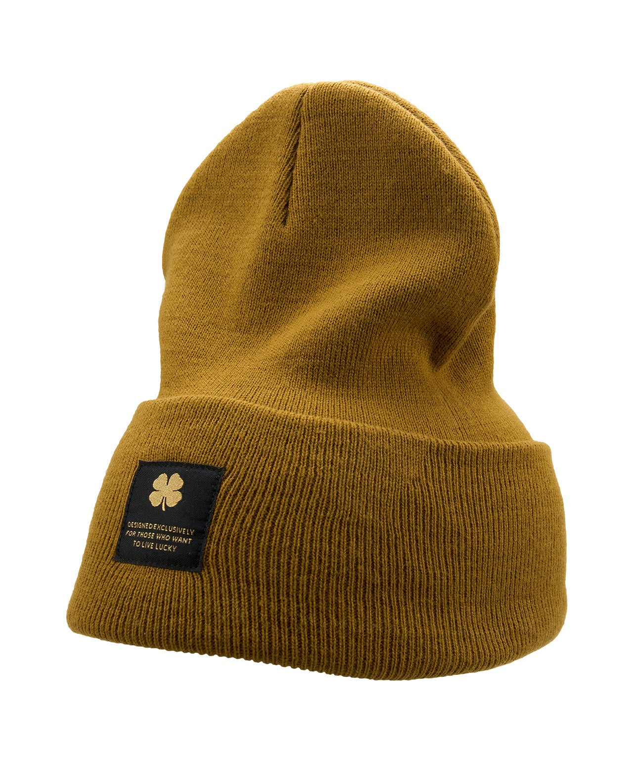 Gold "Lucky Cuff" beanie from Black Clover featuring woven patch on the front cuff