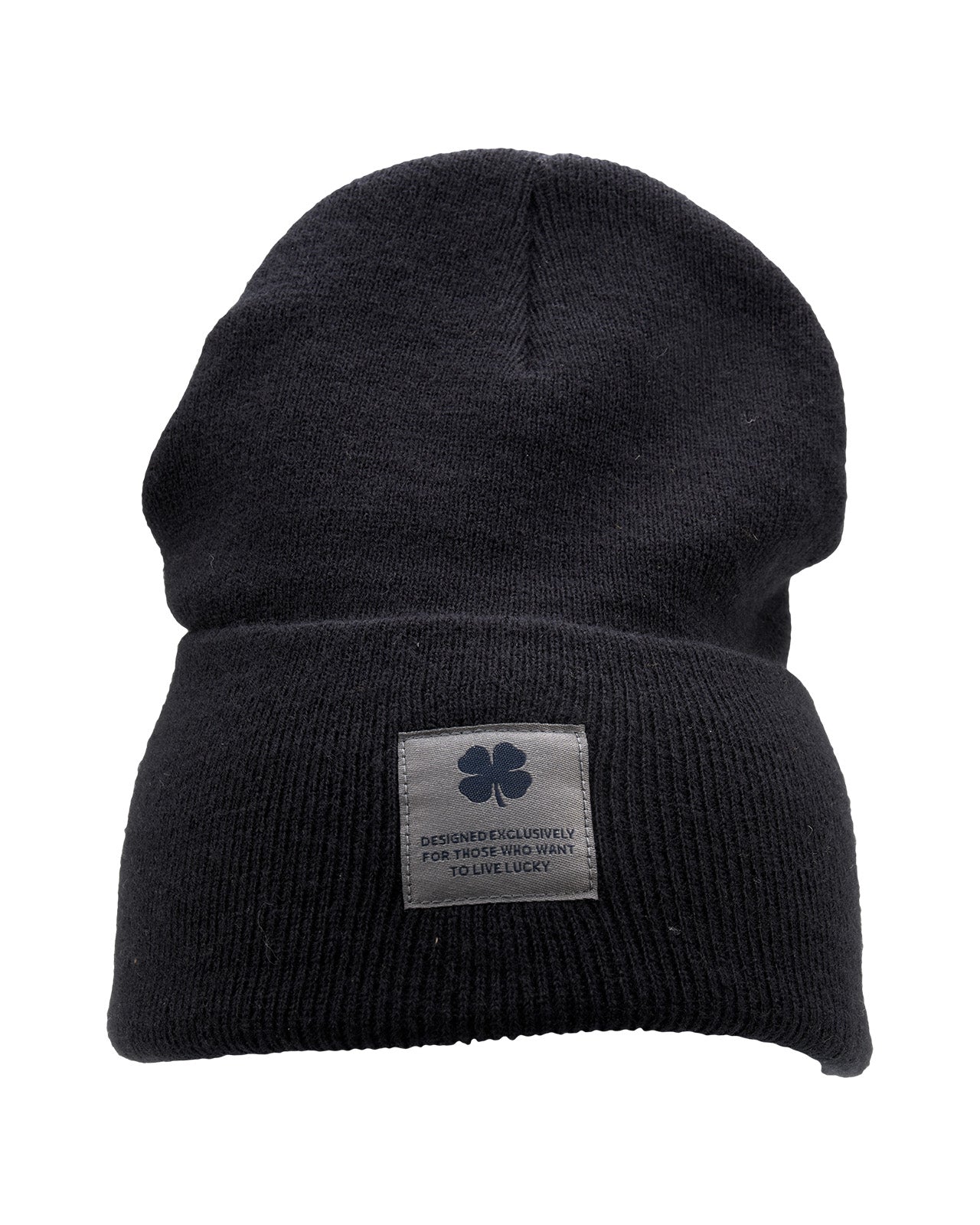 Navy "Lucky Cuff" beanie from Black Clover featuring woven patch on the front cuff