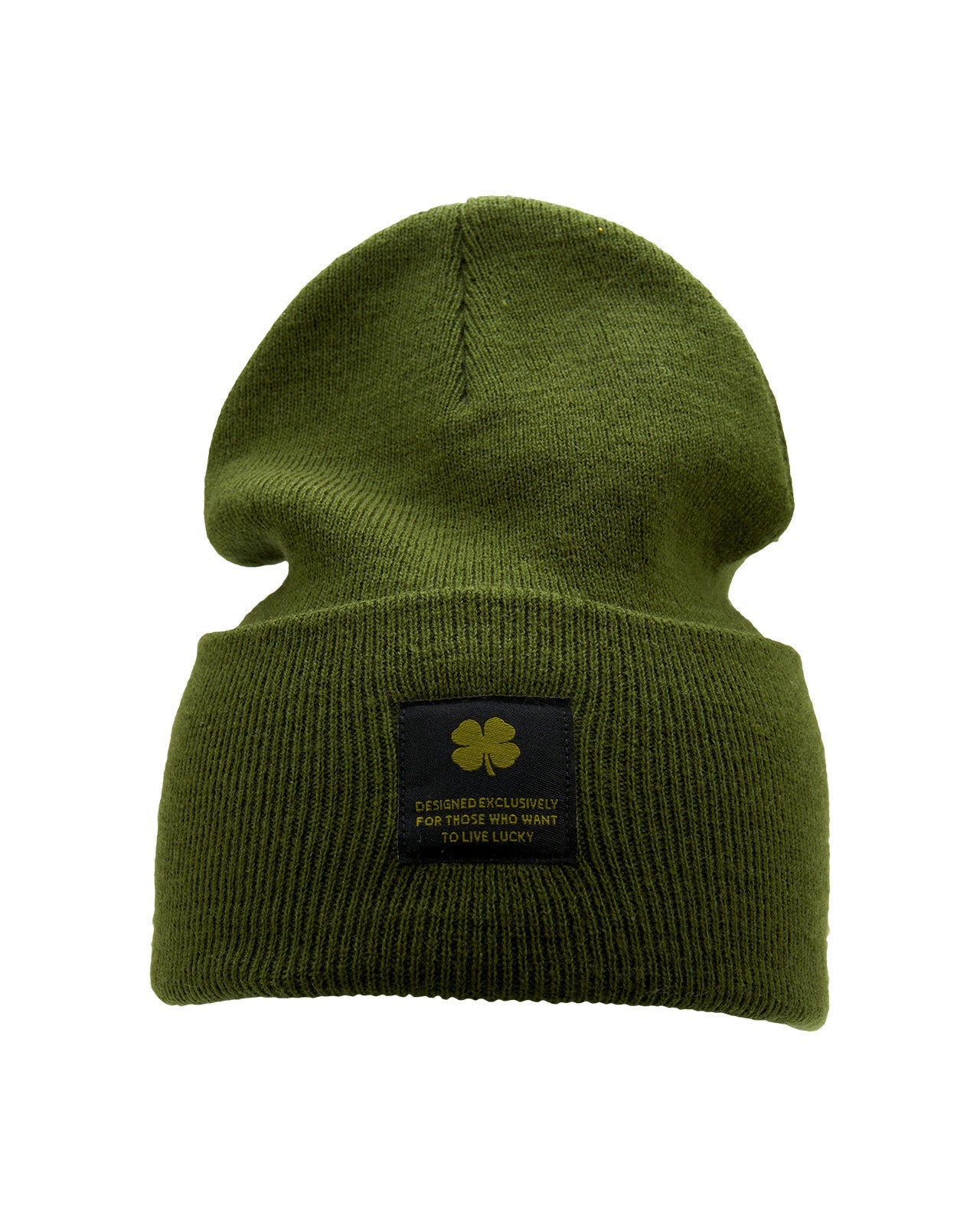 Olive "Lucky Cuff" beanie from Black Clover featuring woven patch on the front cuff