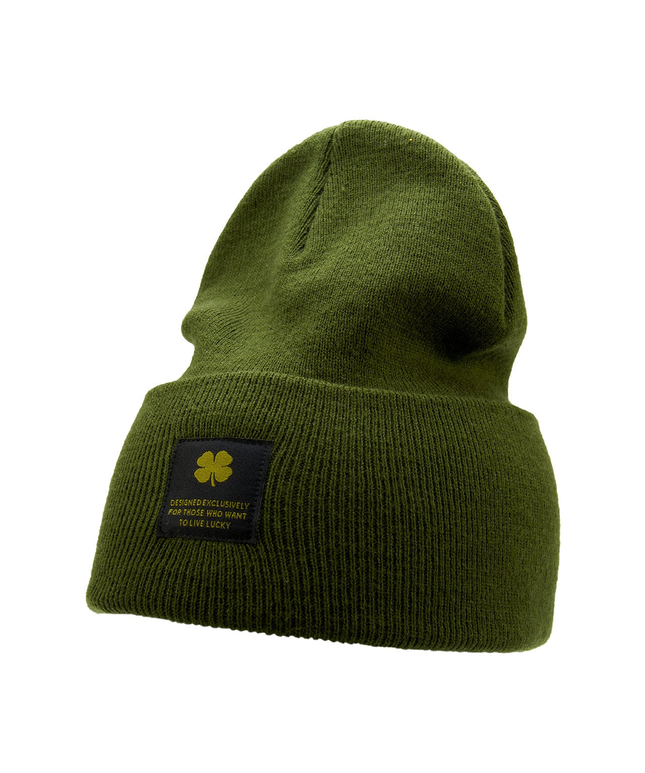 Olive "Lucky Cuff" beanie from Black Clover featuring woven patch on the front cuff