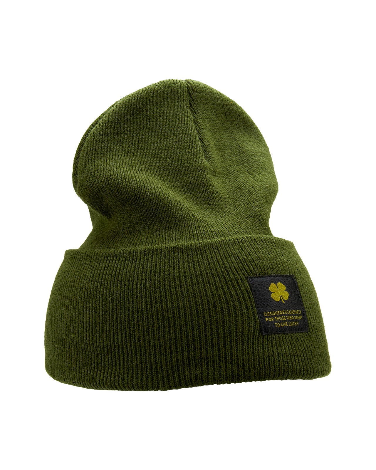 Olive "Lucky Cuff" beanie from Black Clover featuring woven patch on the front cuff